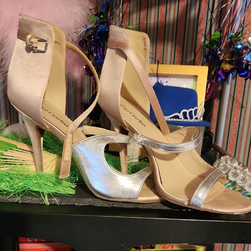 Elegant Women's Silver and Tan Satin Ziggi Soho Heels